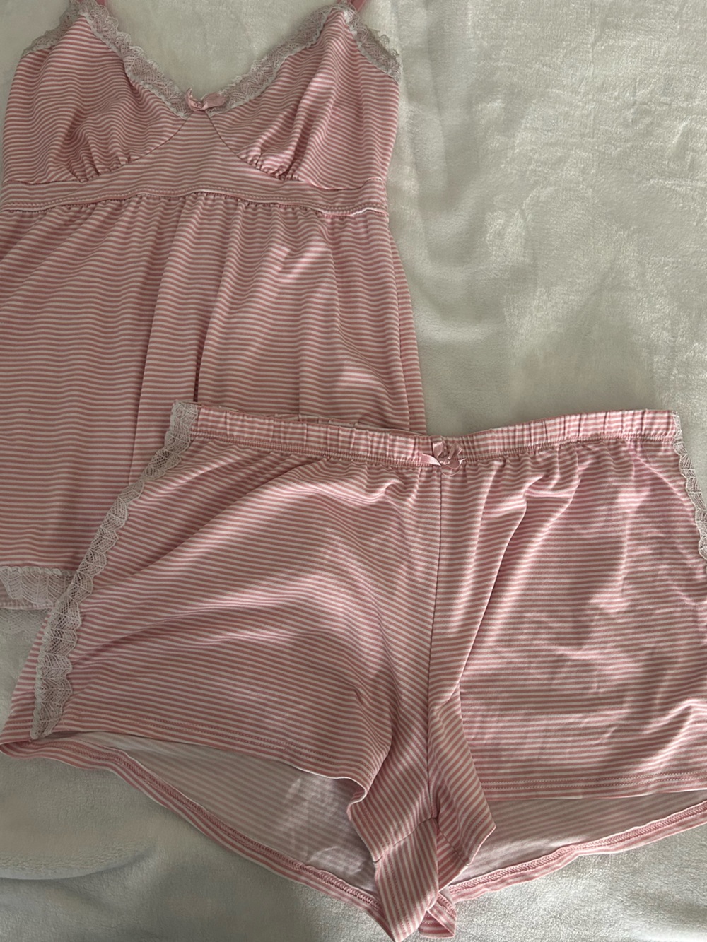 Pink Striped Lace-Trim Cami Romper